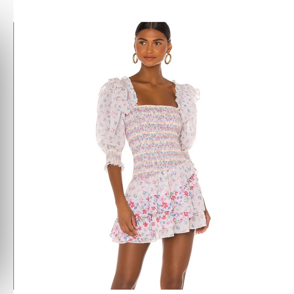 Love Shack Fancy floral golden tiered mini dress